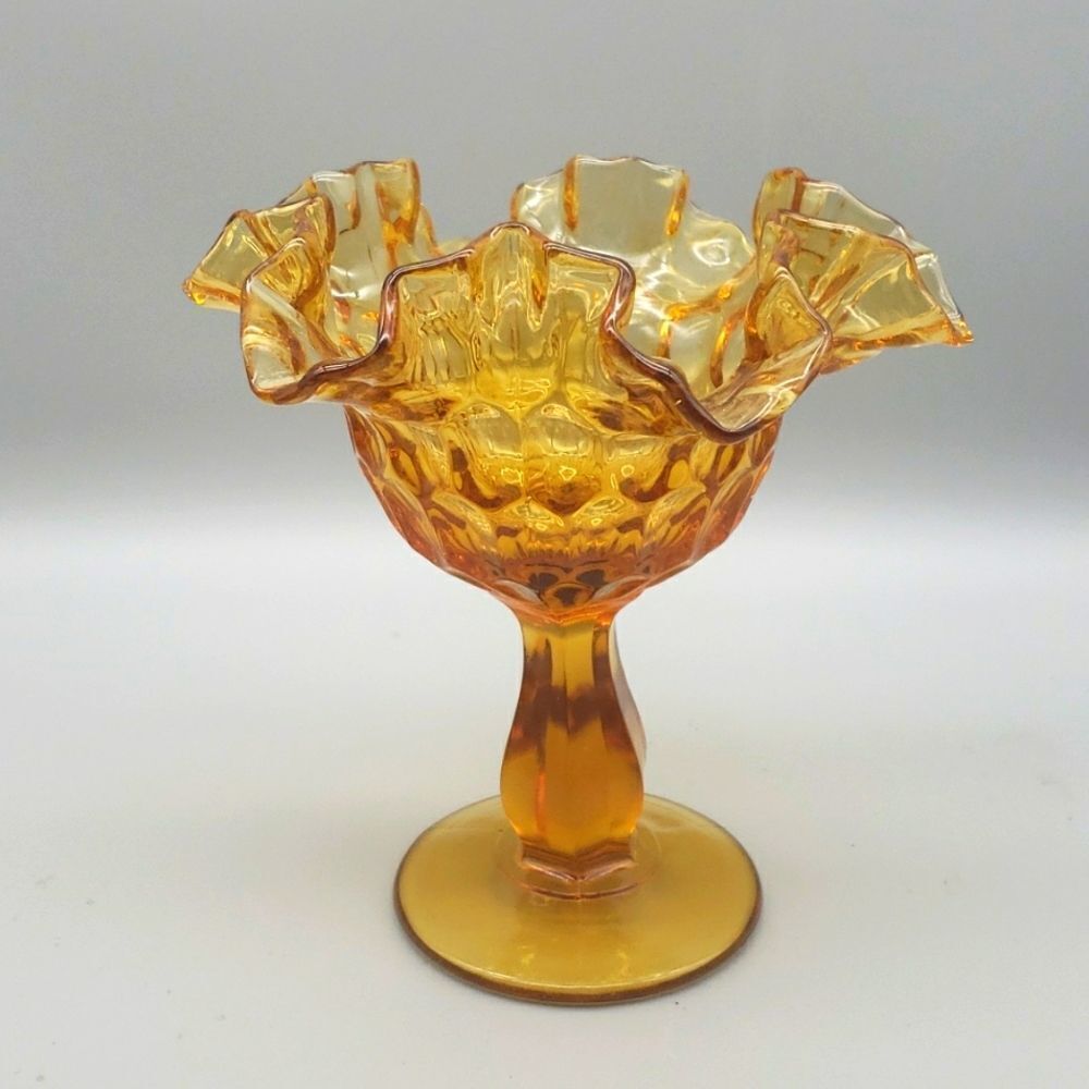 Amber waffled edge carnival glass vase